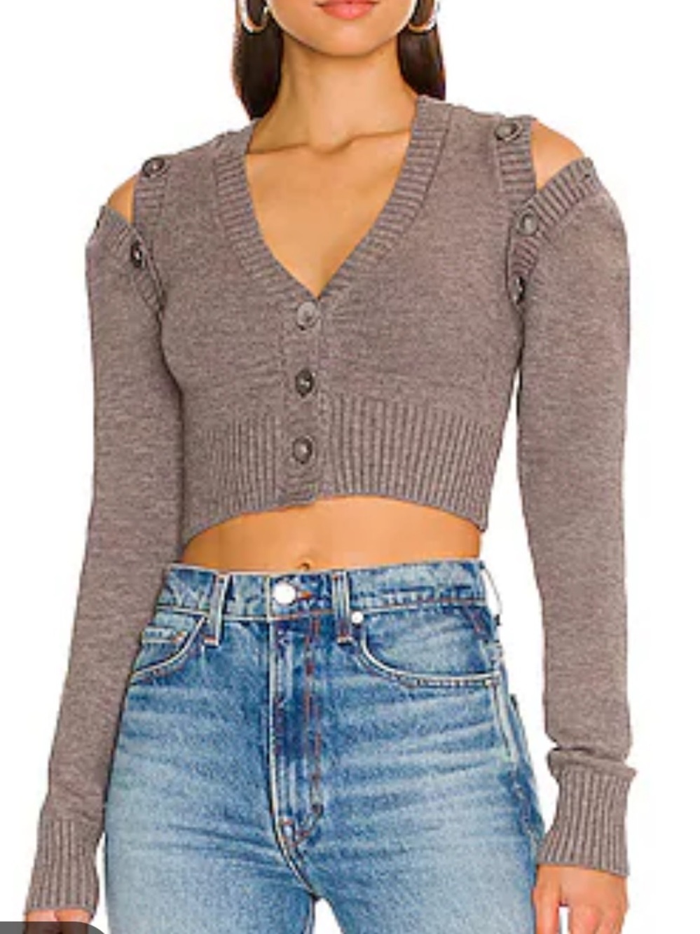 For Love and Lemons Joan gray Cropped Cardigan Button-Front V-Neck Sweater 1X